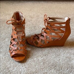 Charming Charlie Cognac Lace-Up Wedge Sandals